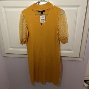 Love Ever After Emma Goldenrod‎ Yellow Knit Dress Mesh Puff Sleeve XL NWT